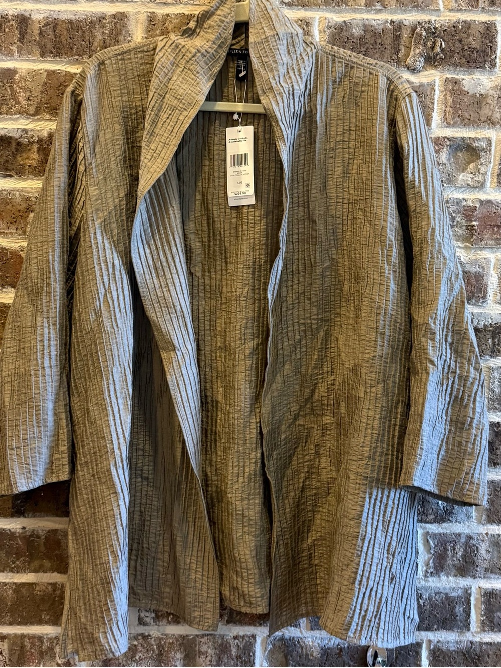 Eileen Fisher Organic Cotton Crinkle Open Front Jacket Cardigan Taupe NWT Large
